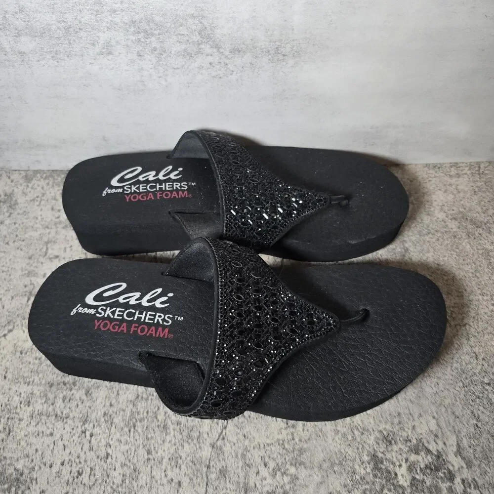 Skechers Women's Cali Vinyasa Flow Black Wedge Sandals - Size 9.5 Glitter
